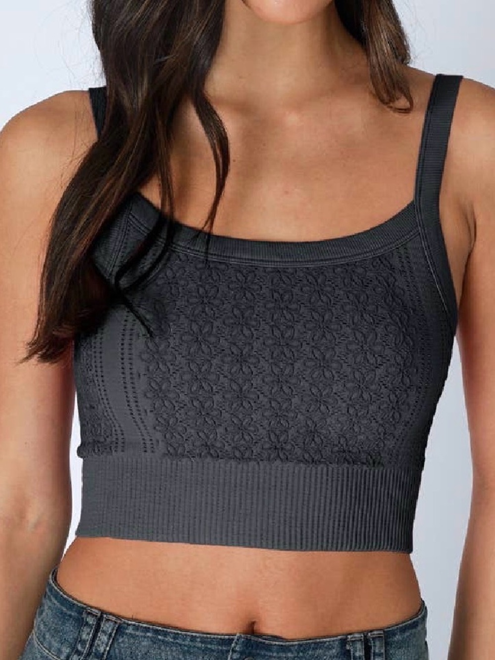 NWT Nikibiki Lace Textured Seamless Boho Floral Tank Crop Top Cami Black - Picture 7 of 7